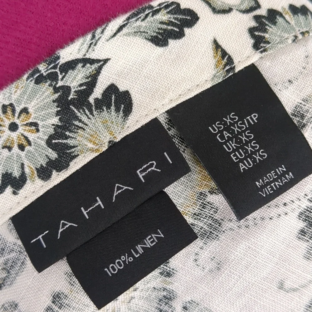 Tahari Cap Sleeve V Button Back Vented Hem 100% Linen Top XS - Picture 5 of 11